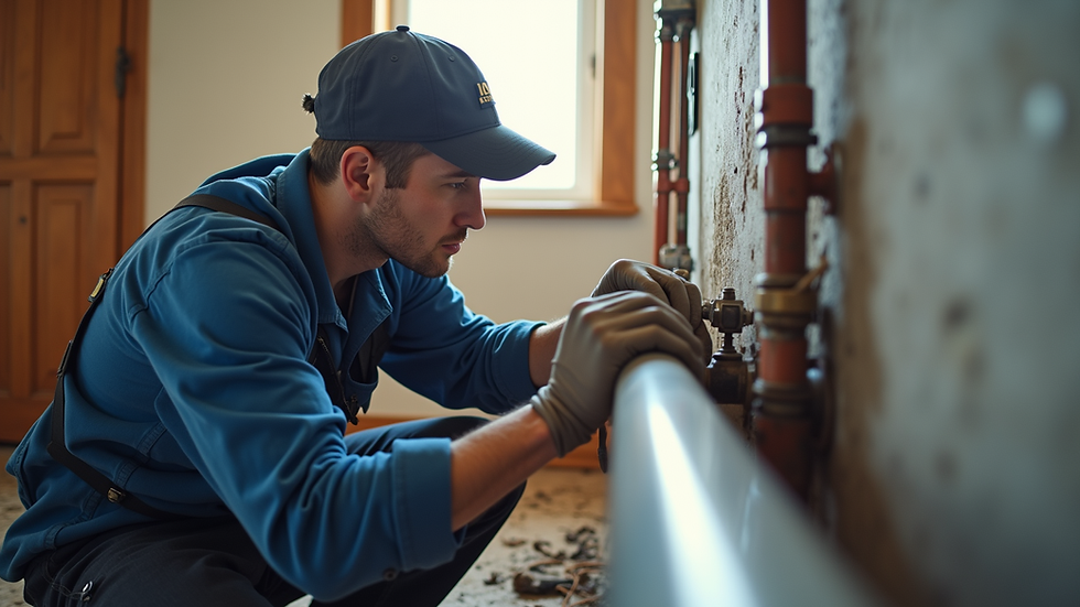 Eye-level view of a plumber working on a residential pipe installation