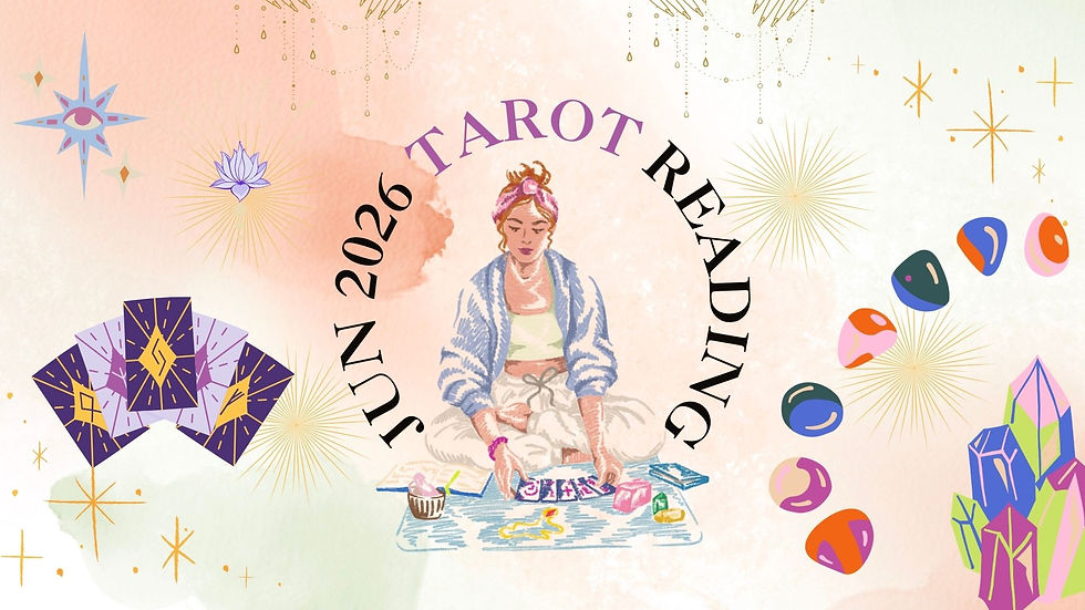 Illustrated tarot reader with cards and crystals, surrounded by stars and gems; text reads APR 2026 TAROT READING.