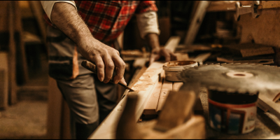 Carpenter shaping wood with hand tools on a home renovation project.