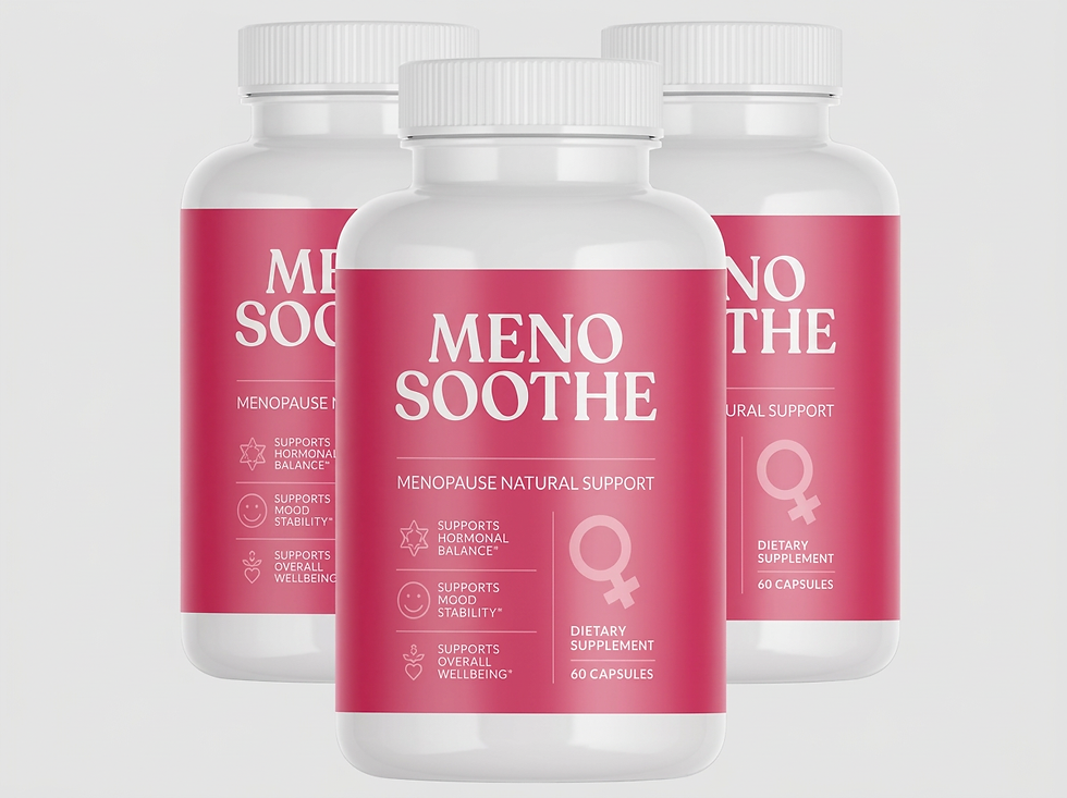 Packshot photography of three bottles of Meno Soothe, a dietary supplement for natural menopause support. The clean design highlights the product's intended use.