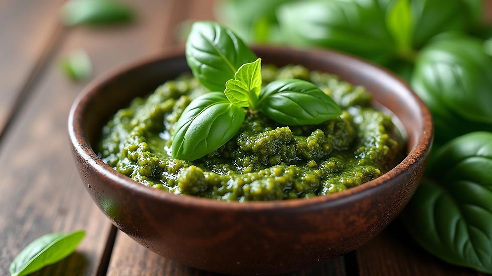 Eye-level view of homemade garlic scape pesto in a small bowl with basil leaves