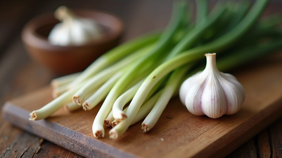 Close-up view of fresh garlic scapes on a wooden cutting board