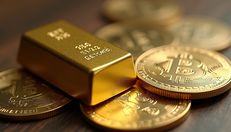 Eye-level view of a gold bar resting on a digital Bitcoin coin