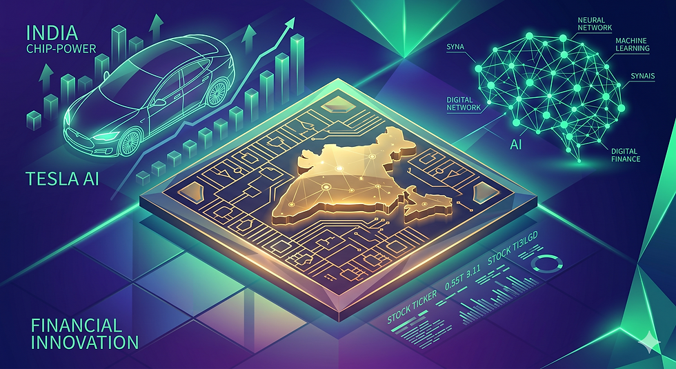 Futuristic AI chip graphic with India map, Tesla car, neural network brain, and text INDIA CHIP-POWER, TESLA AI, FINANCIAL INNOVATION