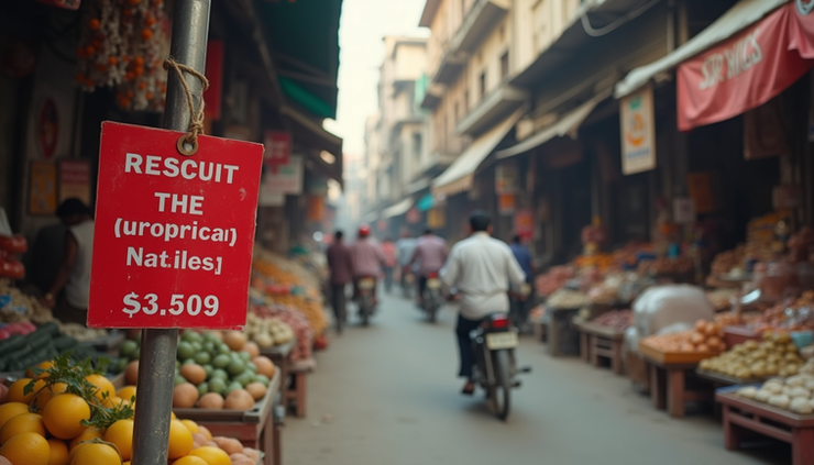 Eye-level view of a busy Indian market street with price tags on essential goods