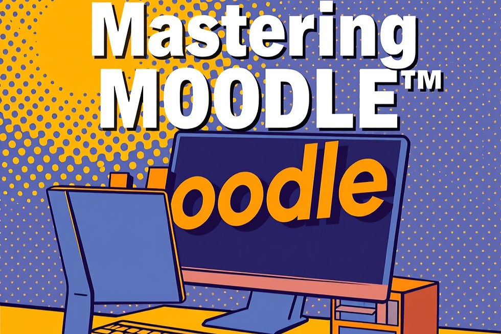 Pop-art poster of a computer monitor with Mastering Moodle in bold white and orange text on a purple-yellow dotted background.