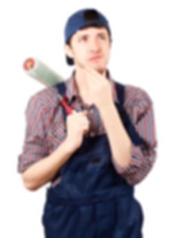 Tradesman with roller paint brush. contemplating life. questions. painter.