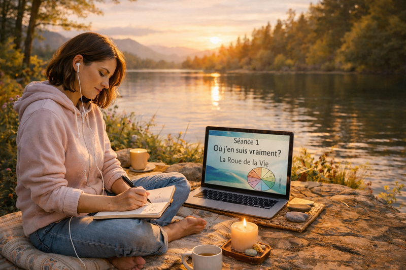 Femme assise en tailleur dans un cadre naturel apaisant, écoutant une séance d’auto-coaching 