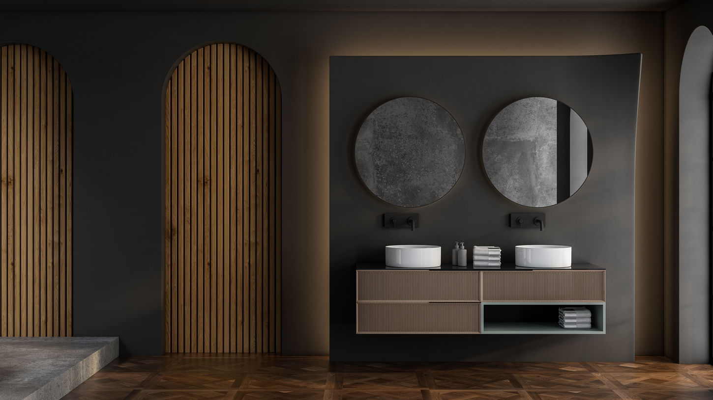 paredes de listones de baño oscuros de lujo