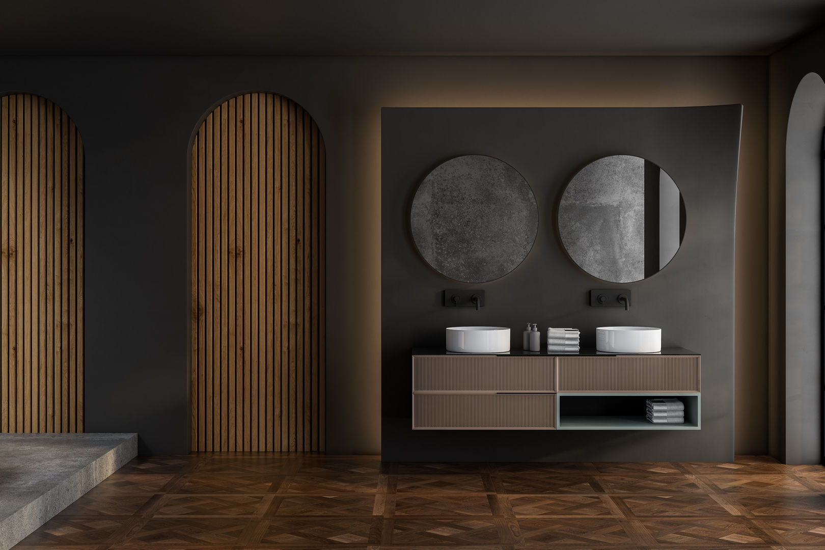 paredes de listones de baño oscuros de lujo