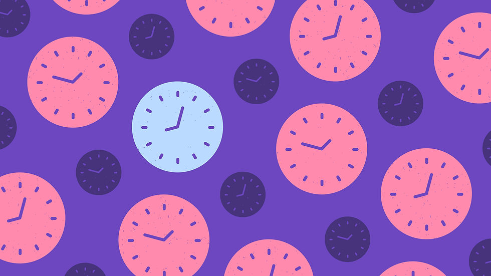 Colorful illustration of multiple clocks representing the time it takes to create a group video gift.