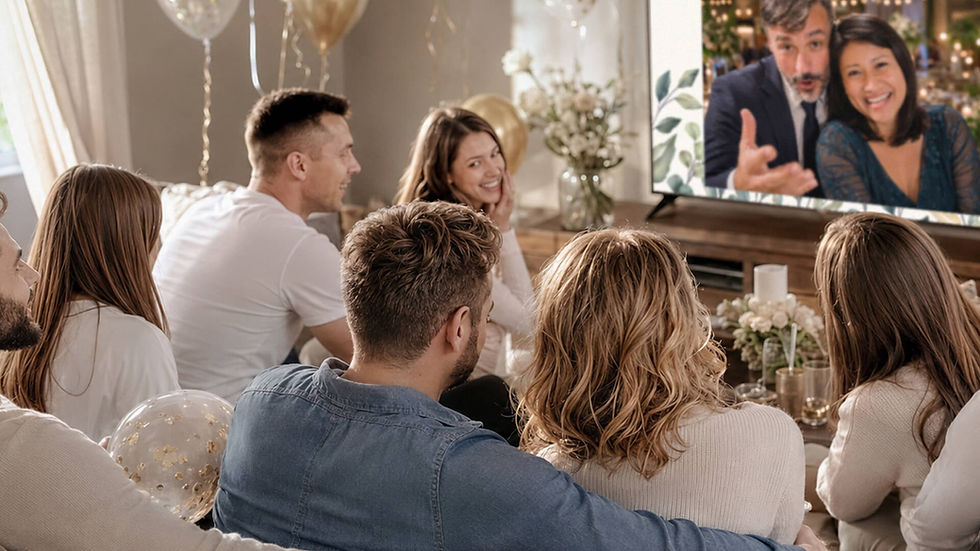Friends and family watching a finished wedding guest book video together on a TV.
