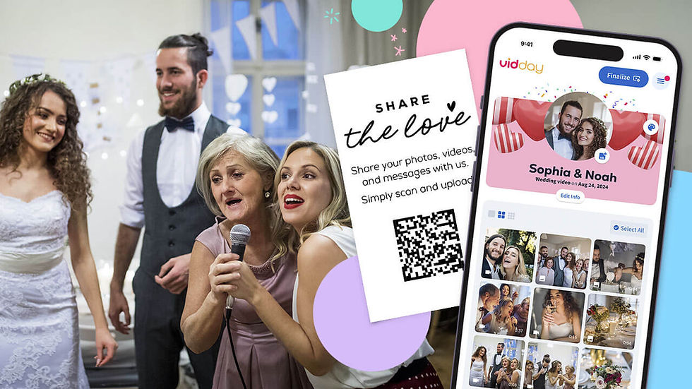 A group of wedding guests, including a bride, groom, and two women holding a microphone, smiling and celebrating. A QR code card reads 'Share the love - Share your photos, videos, and messages with us. Simply scan and upload.' Next to it, a smartphone screen displays the VidDay app with a wedding video for 'Sophia & Noah' showcasing various video clips and photos from the wedding.