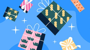 Illustration of colorful wrapped birthday gifts floating on a blue background, representing last-minute birthday gift ideas.