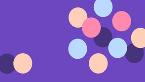 Abstract illustration of multiple colored circles arranged at varying distances around a soft, flowing background shape on a purple field.