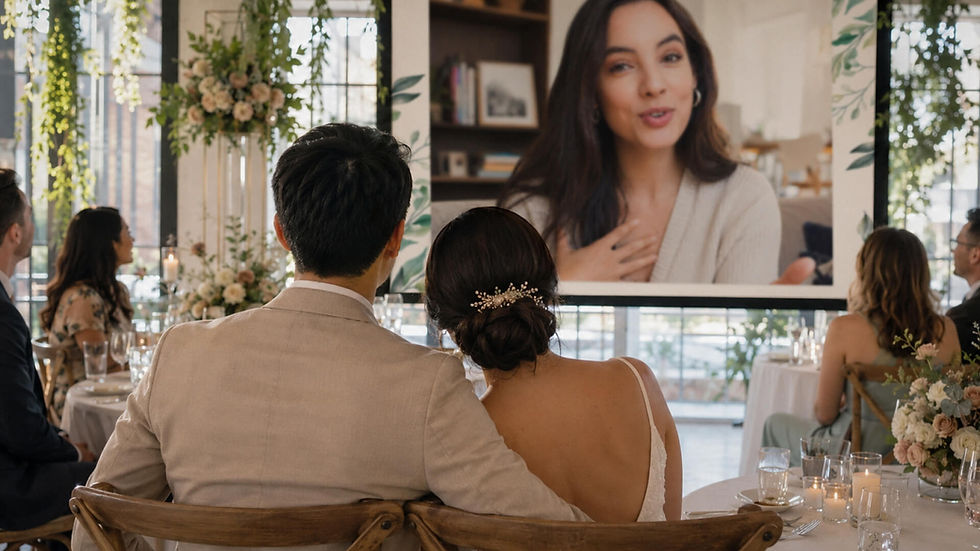 Newlywed couple watching a wedding video montage during their reception.