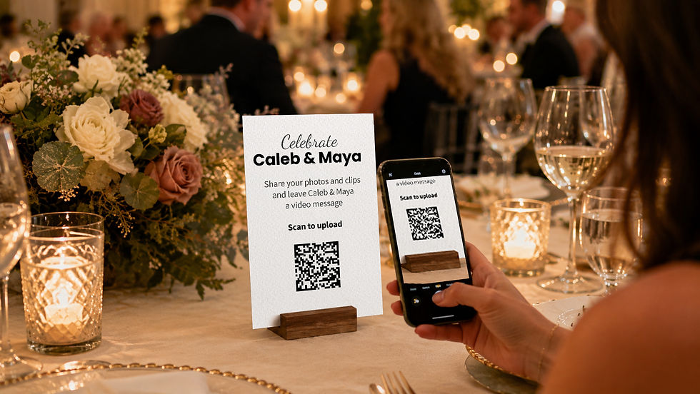 Wedding guest scanning a QR code sign to upload photos, videos, and messages at the reception.