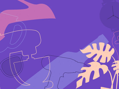 Abstract illustration of outlined everyday objects and filled plant shapes on a purple background, representing uncertainty and choices when selecting a birthday gift.