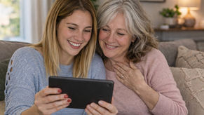Daughter showing her mom a birthday video message from family on a tablet.