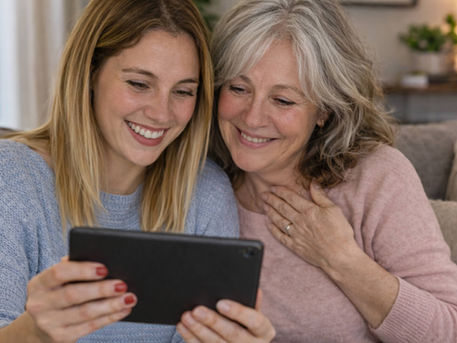 Daughter showing her mom a birthday video message from family on a tablet.