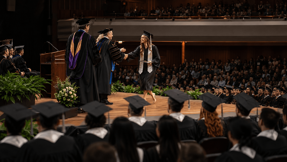 A graduate crosses the commencement stage and receives recognition during a graduation ceremony, highlighting the official stage moment that StageClip helps preserve as a personalized graduation keepsake.