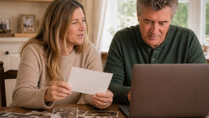 Couple sorting family photos while creating a memorial video.