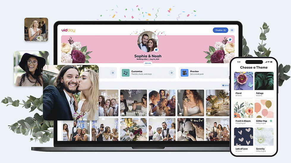 A laptop screen displaying the VidDay app interface for a wedding video titled 'Sophia & Noah,' featuring various video clips and photos from the wedding. Surrounding the laptop are additional images of wedding guests, including a woman smiling and holding a glass, a woman wearing a hat and sunglasses, and a couple taking a selfie with the woman kissing the man's cheek. A smartphone screen next to the laptop shows different theme options for customizing the video, such as 'Floral,' 'Foliage,' 'Fresh in Bloom,' and 'Glitter Pop.'