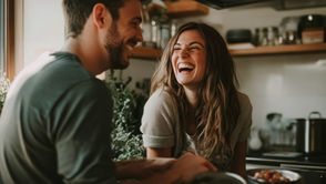 Couple laughing together in a kitchen during a relaxed, everyday moment.