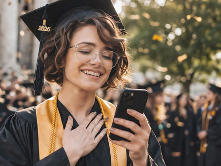 Graduate smiling while reading a message on her phone during a graduation ceremony.