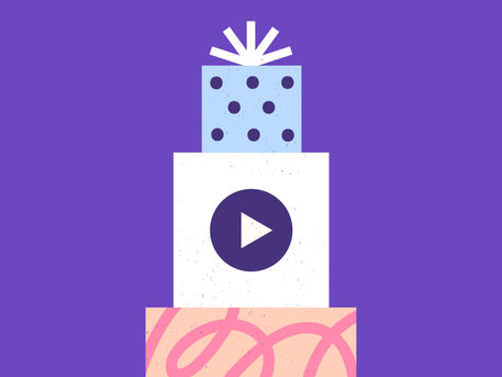 Abstract illustration of a stacked gift with a play icon, representing evaluating when a group video is the right birthday gift and when it is not.