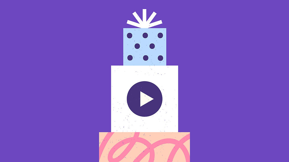 Abstract illustration of a stacked gift with a play icon, representing evaluating when a group video is the right birthday gift and when it is not.