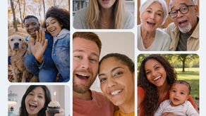 Collage of friends and family smiling and recording birthday video messages on their phones.
