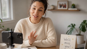 Woman recording a farewell video message with a phone and a “We’ll miss you” card nearby.