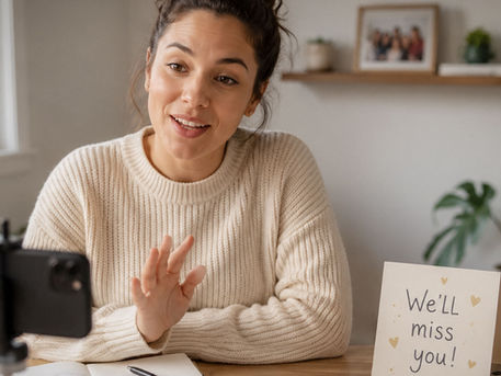 Woman recording a farewell video message with a phone and a “We’ll miss you” card nearby.