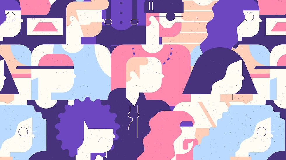 Abstract illustration of multiple stylized human profiles arranged in a repeating pattern with geometric shapes, using purple, pink, blue, and cream colors.