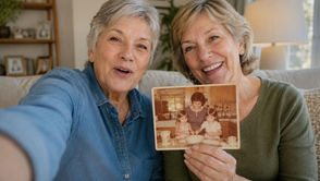 Two older relatives record a video while holding an old family photo and sharing its story.