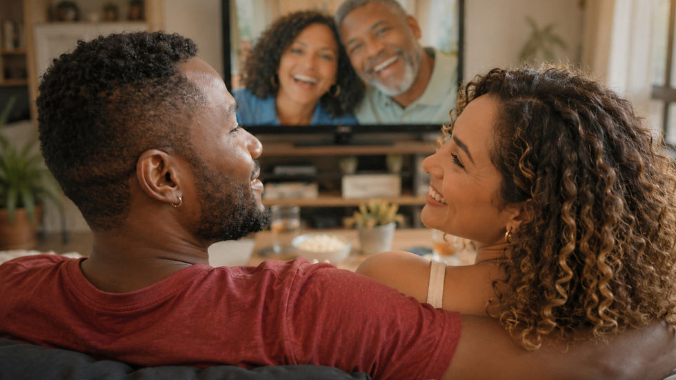 Couple watching a surprise birthday video at home with smiling family members appearing on the TV.