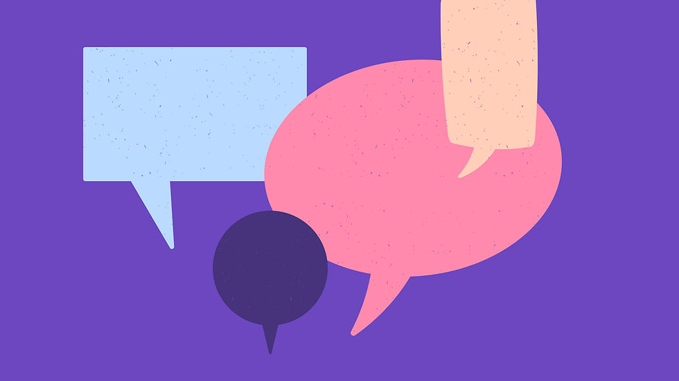 Illustration of overlapping speech bubbles in soft pastel colors on a purple background.