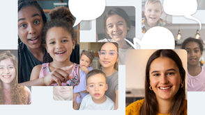 People sharing thank you messages in a teacher appreciation group video with speech bubbles representing what to say.