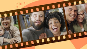 Three selfie-style video messages from different people arranged in a film strip, representing a group birthday video coming together.