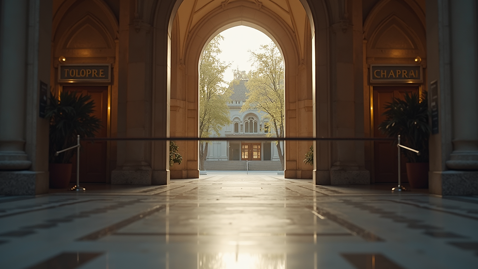 Eye-level view of a church entrance with security measures in place