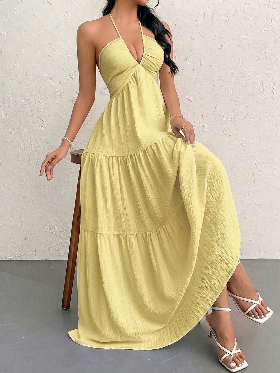 Miniatura: Women's Casual Dresses Halter Backless Yellow Tiered Flowy Boho Dress Spring Sum