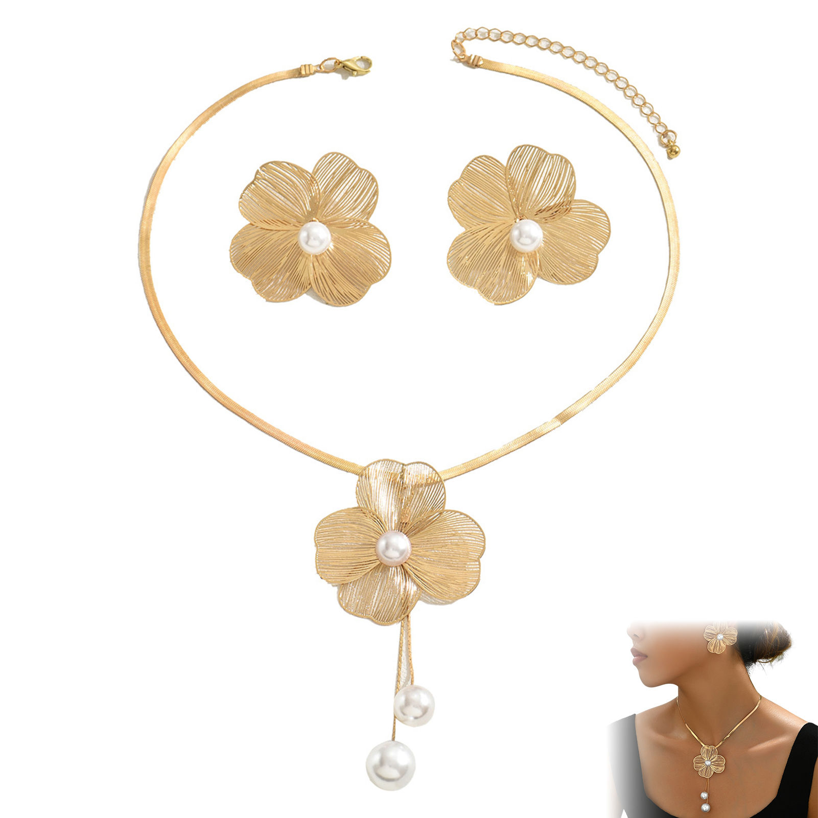 Necklace Earrings Set Elegant Gold Color Flowers Pendant Ladies High-end Inlaid