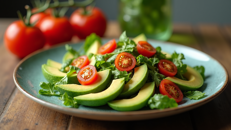 Close-up view of a fresh avocado and tomato salad