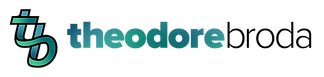 "Theodore Broda" wordmark, appearing as (from left to right) a lowercase ribbon-like "TB" monogram in a blue-green color gradient, all-lowercase "Theodore" in a heavy sans-serif typeface and blue-green color gradient, and all-lowercase "Broda" in a thin, black sans-serif typeface
