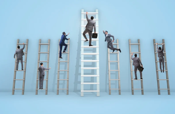 Several businesspeople climb separate ladders while one taller, white ladder stands in the center—depicting competitive career ascent and inequity.