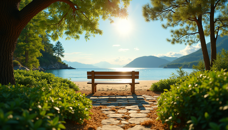 Atranquil bench under the shade of trees, overlooking a serene beach and sparkling blue waters-the perfect spot for finding peace and reflection