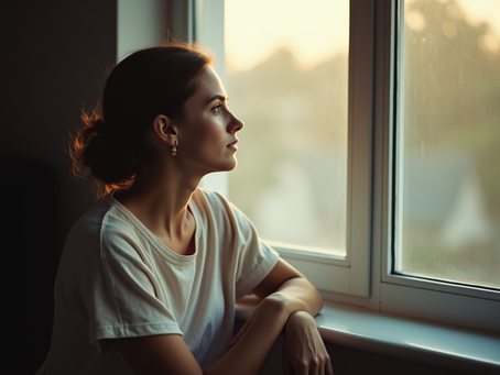 sat by a window , lost in thought, reflecting the introspective moments of living with bipolar disorder