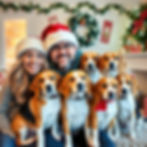 Eye-level view of a cozy living room decorated for Christmas with a glowing fireplace and a Christmas tree