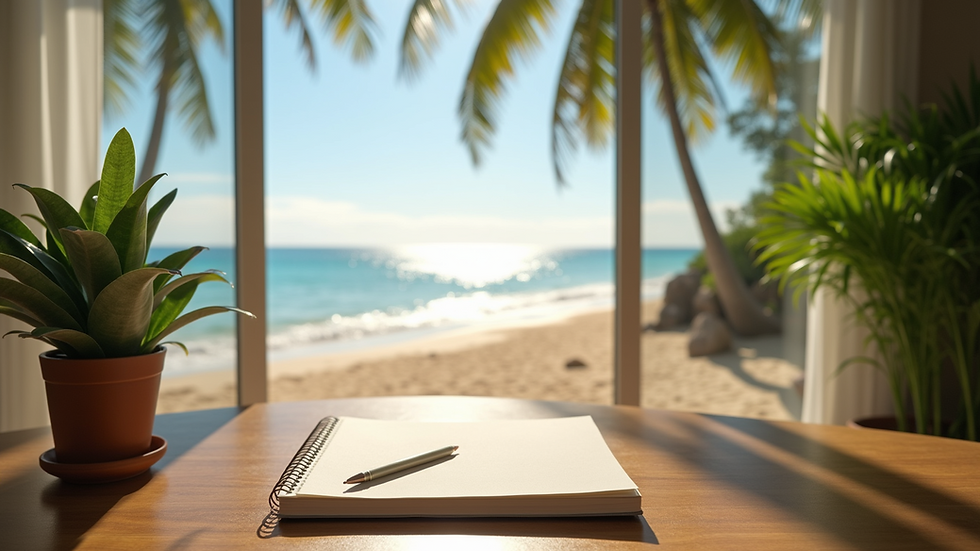 Wide angle view of a peaceful home office setup with a plant and notebook